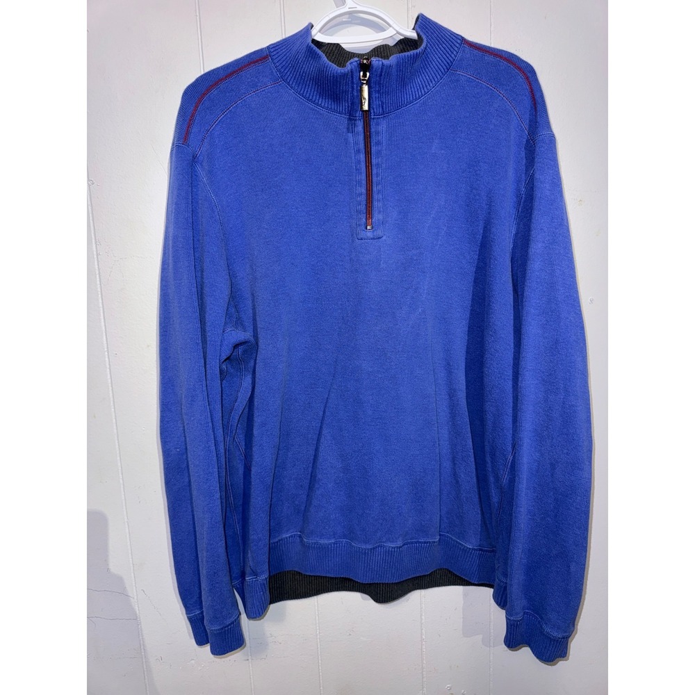 Tommy Bahama Mens Large Blue Ribbed Quarter‎ Zip Pullover Sweater Marlin Logo
